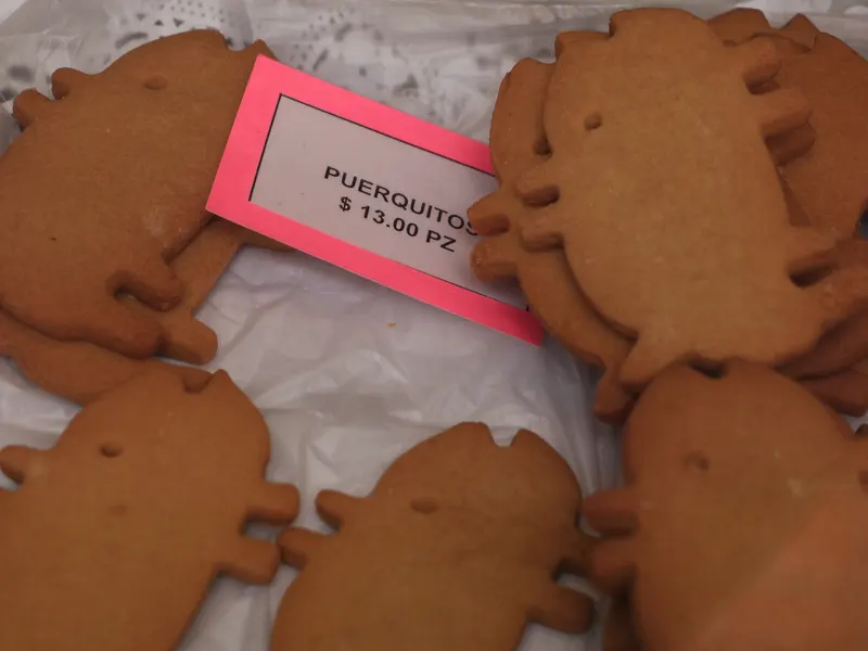 Galletas de puerquito de piloncillo sobre papel, con su etiqueta de precio